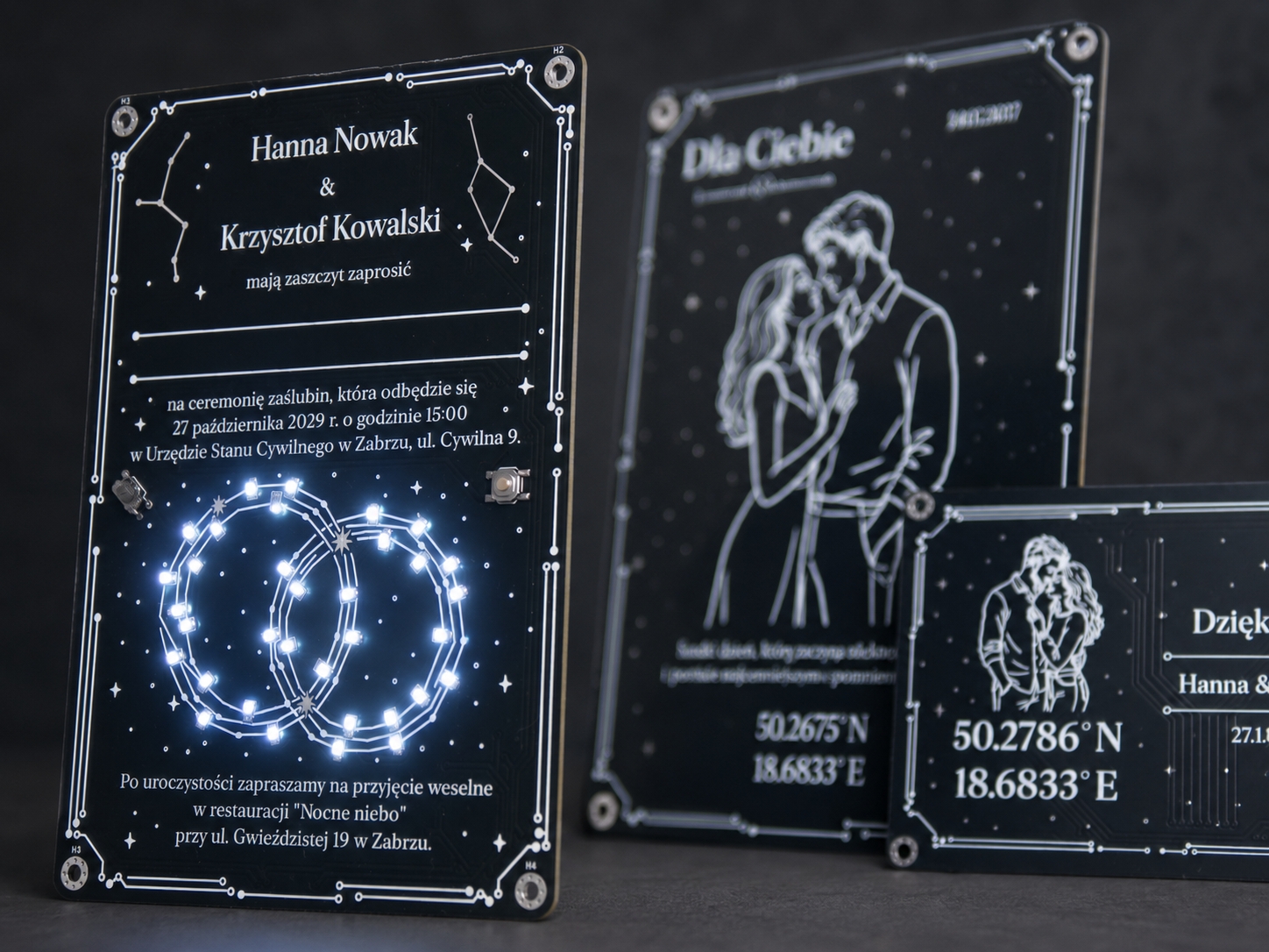Czarne zaproszenie PCB Circuit Elegance z motywem nocnego nieba